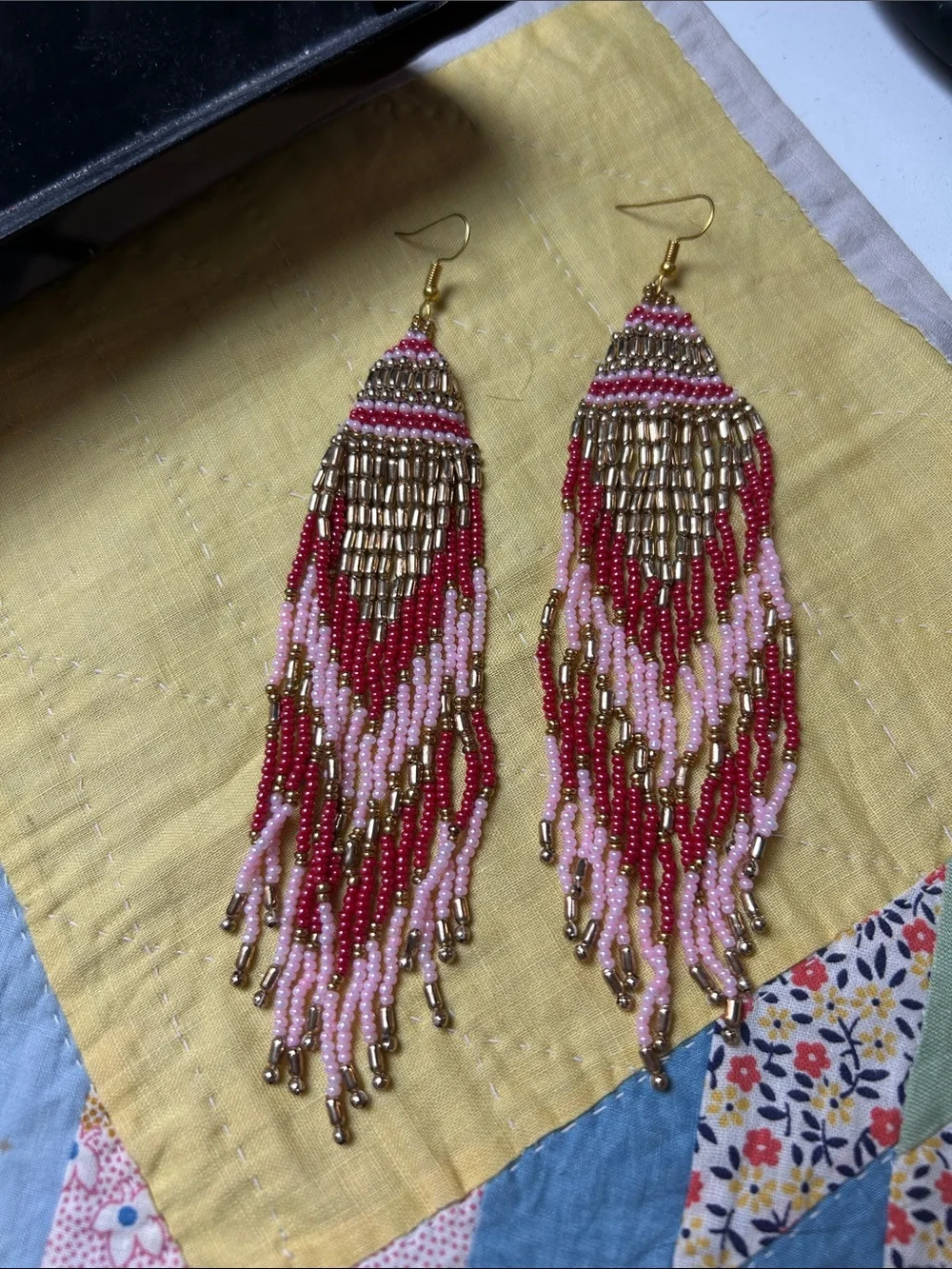 Myra Bags Dramatic Statement, Shoulder-Duster Beaded Earrings in Pink & Gold